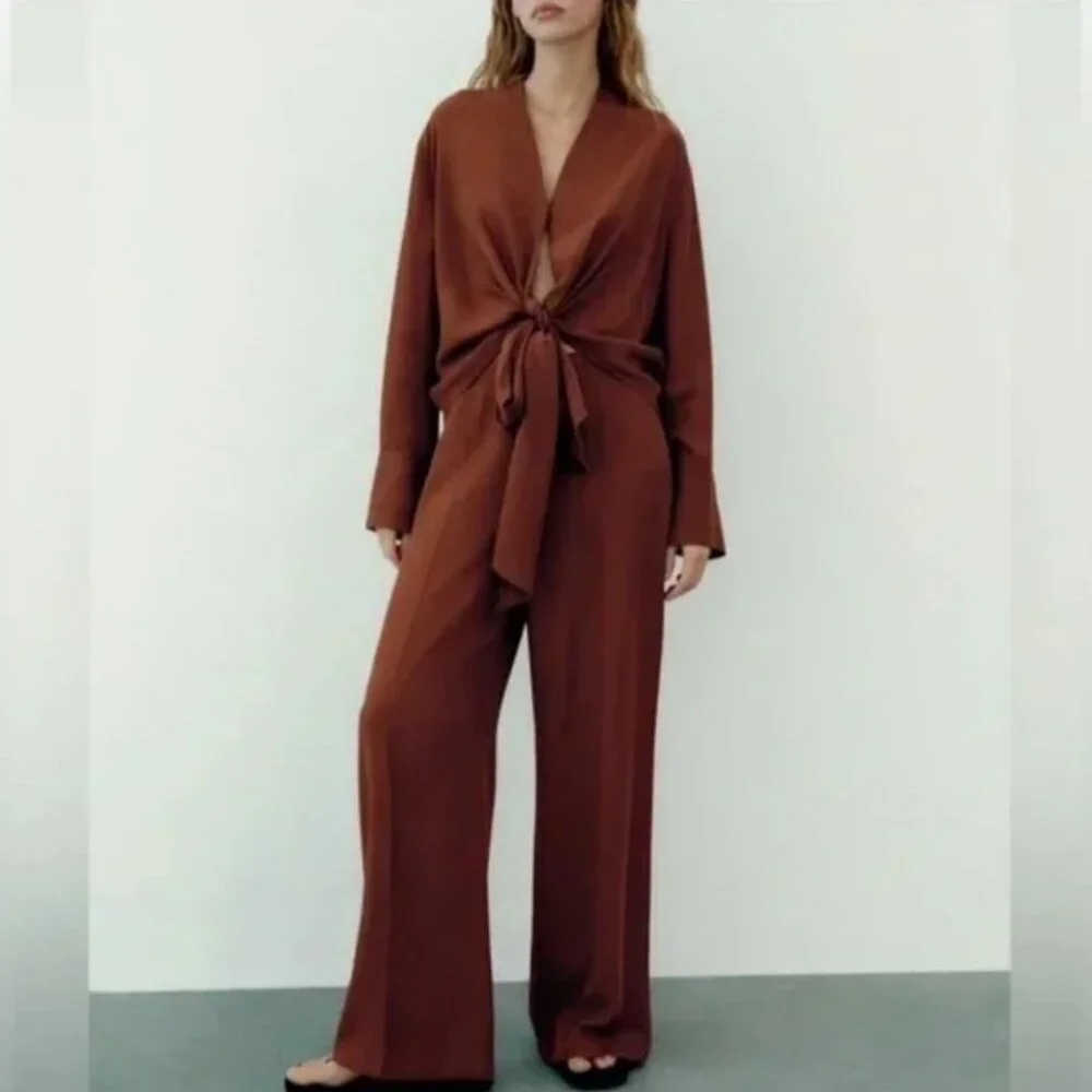 NWT ZARA Wide Leg Flowy Back Elastic Waist Pants Flying FabricCooper 9479/054 XL